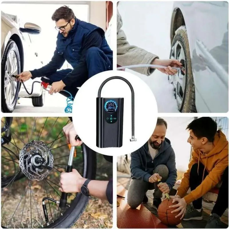 Collage of people using a tire inflator with close-up of the device in the center. high-pressure air pump