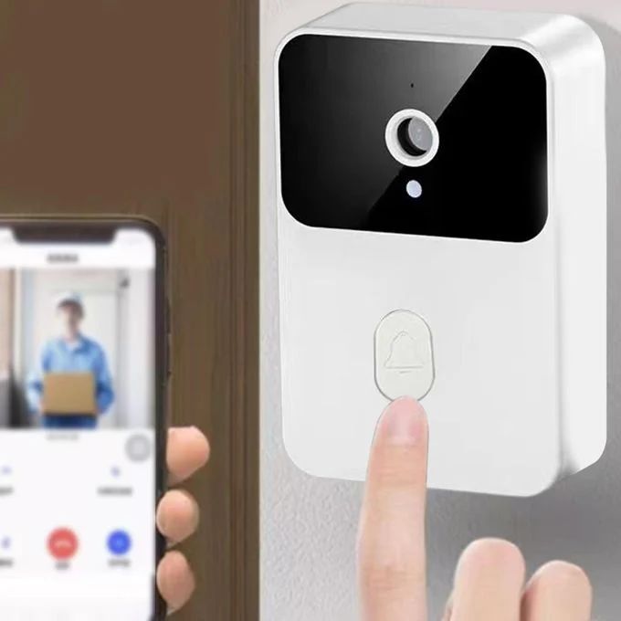 Smart doorbell with a finger pressing the button, showing a video feed on a smartphone.