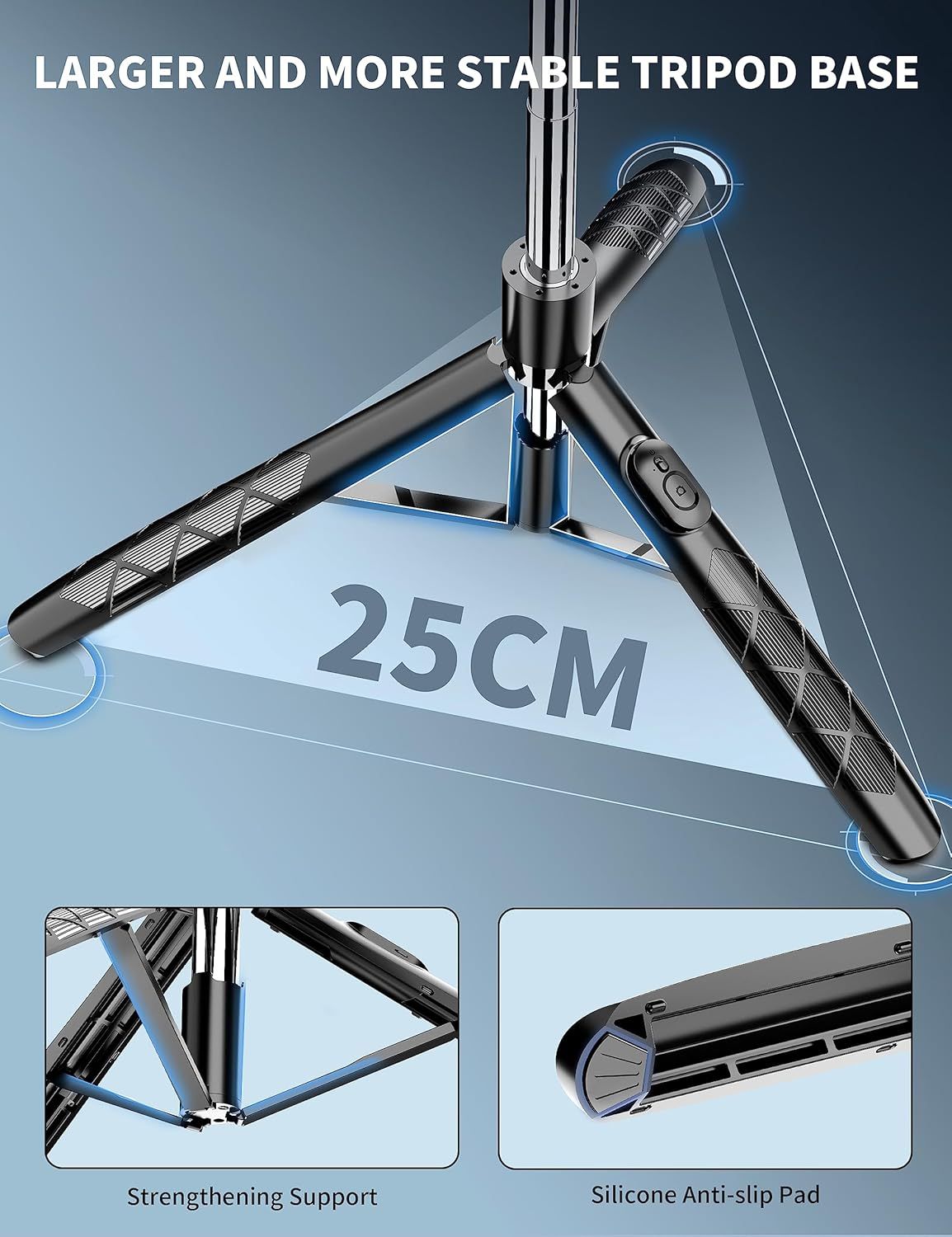 Tripod with a larger base and strengthening support feature, on a blue gradient background.