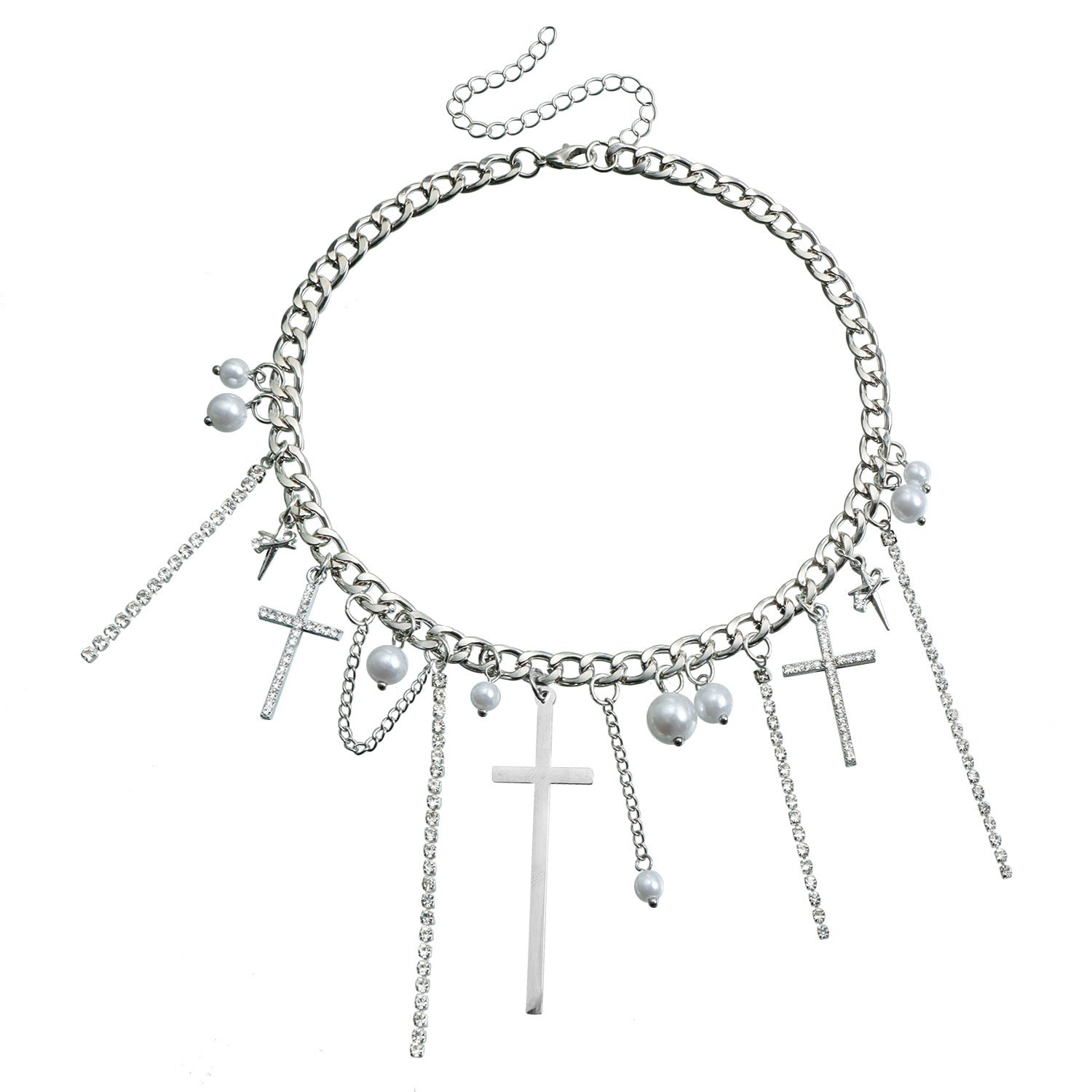 Necklace with cross charms and pearls on a white background