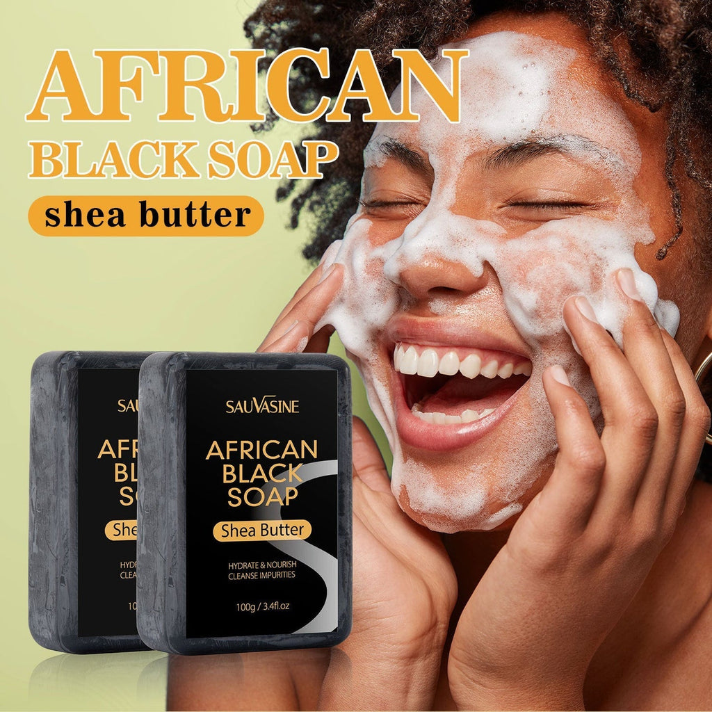 Person using African Black Soap with shea butter on a green background