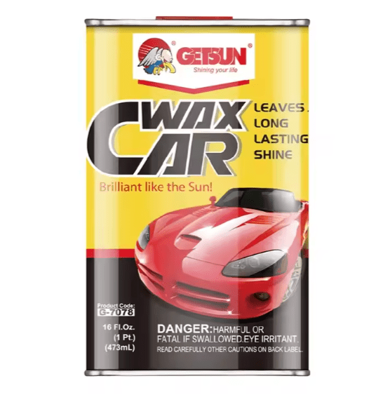 Can of Getsun Wax Car with a red car illustration on a white background