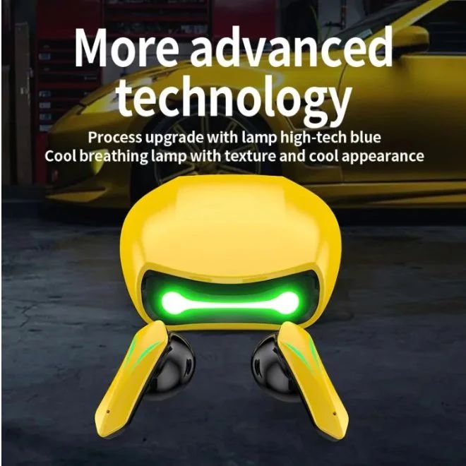Yellow high-tech device with green glowing eyes on a dark background