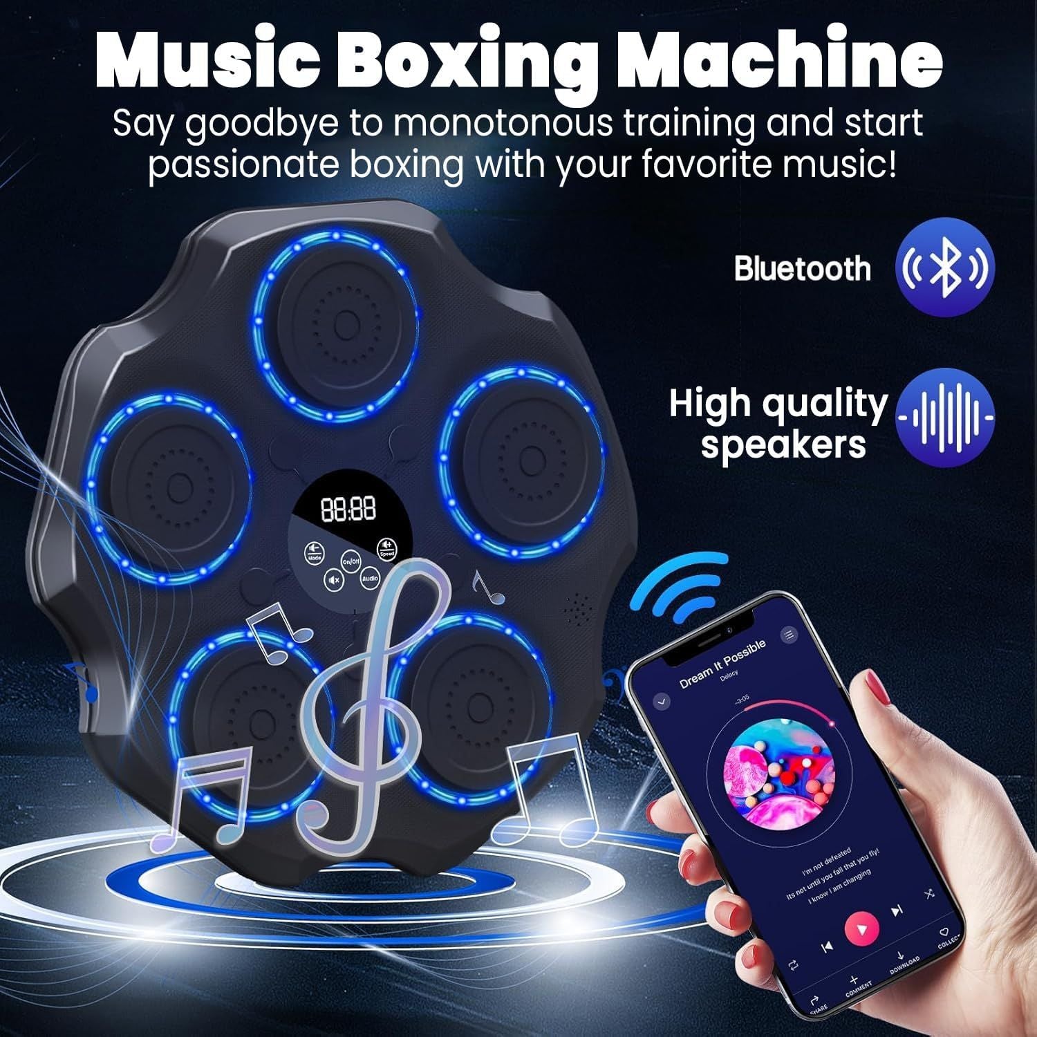 Music boxing machine with Bluetooth connectivity and smartphone app control on a dark background