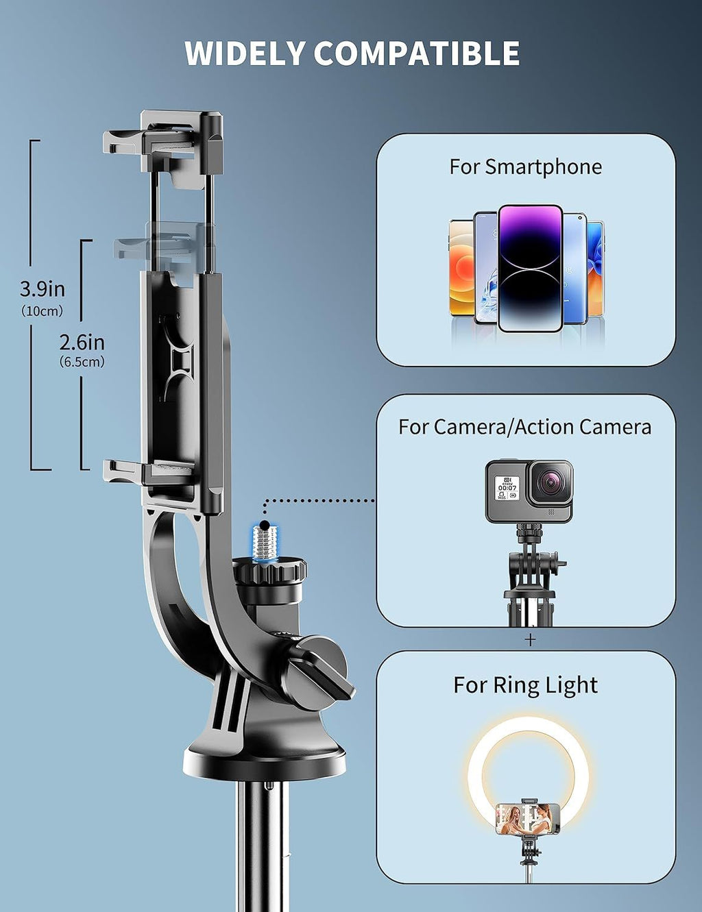 Phone holder with compatibility features for smartphone, camera, and ring light on a blue background