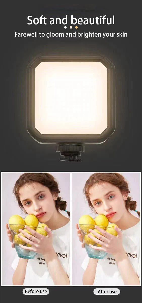 LED light for skin brightening with 'Before' and 'After' usage on a person holding lemons.