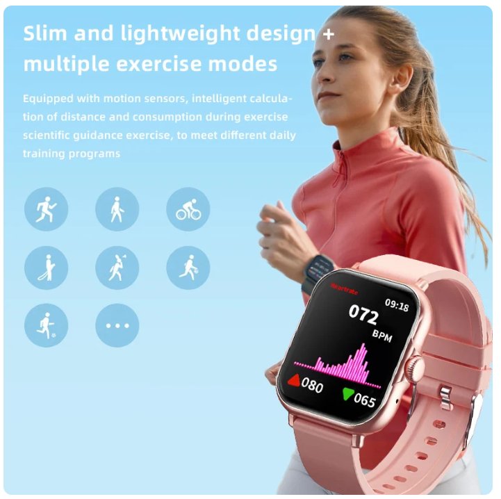 Smartwatch with pink band worn by a person, displayed against a blue background with text about the product's features.