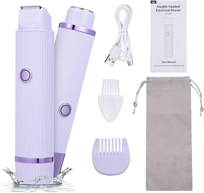 Purple double-headed electrical shaver with accessories and packaging on a white background Double Head Electric Shaver