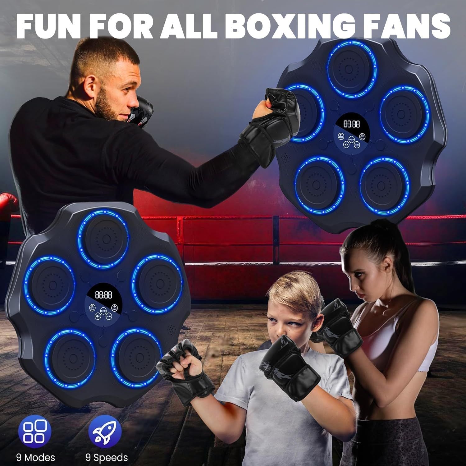 Person using a boxing glove on a digital boxing bag with text 'Fun for all boxing fans' in a boxing ring setting.