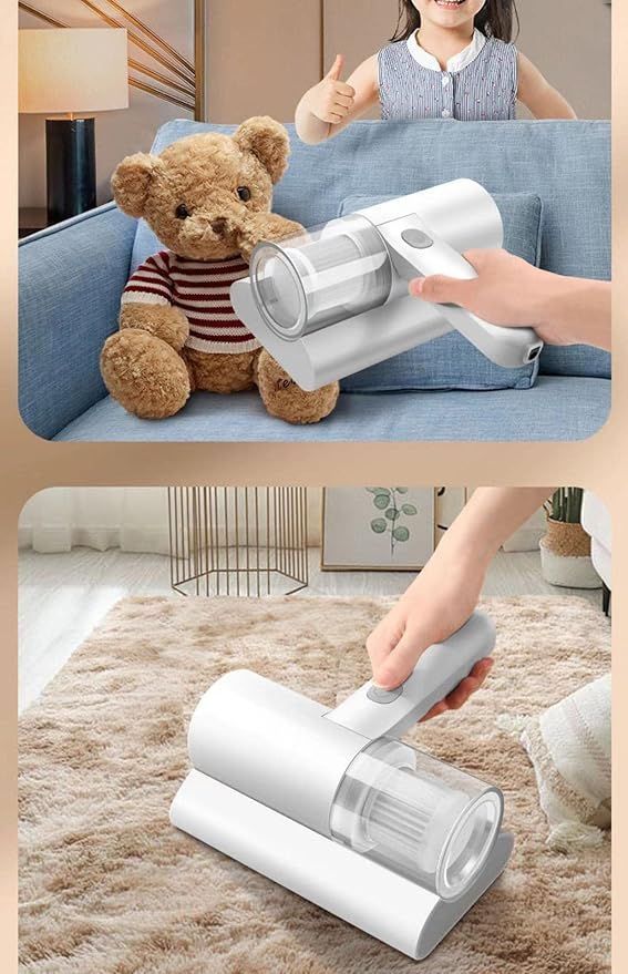 Handheld vacuum cleaner being used on a carpet and held by a child with a teddy bear.