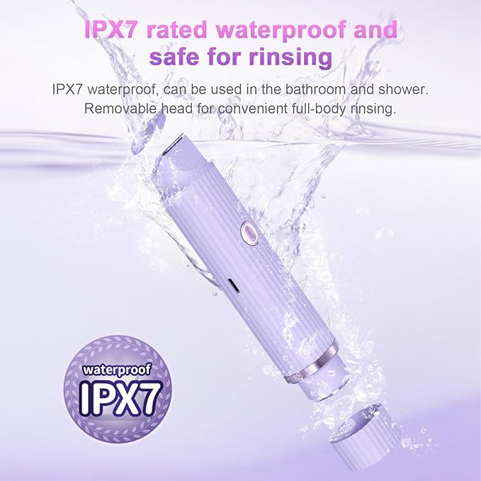 Purple handheld shower head with IPX7 rating on a light purple Double Head Electric Shaverbackground