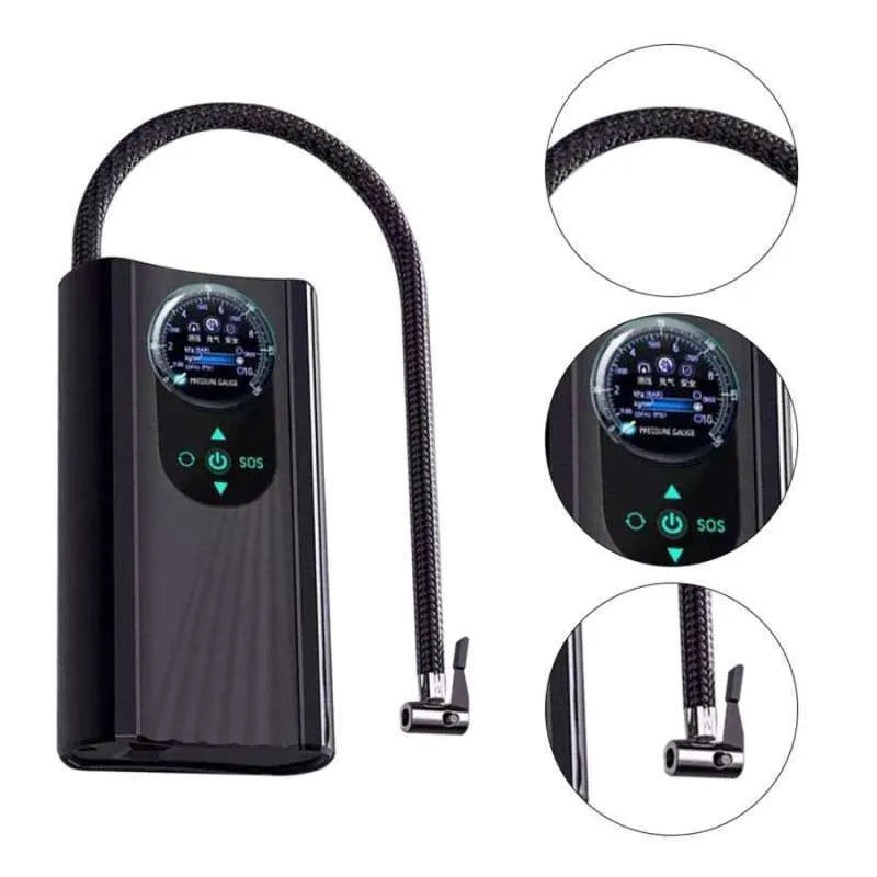 Black digital air pump with hose and gauge on a white background high-pressure air pump