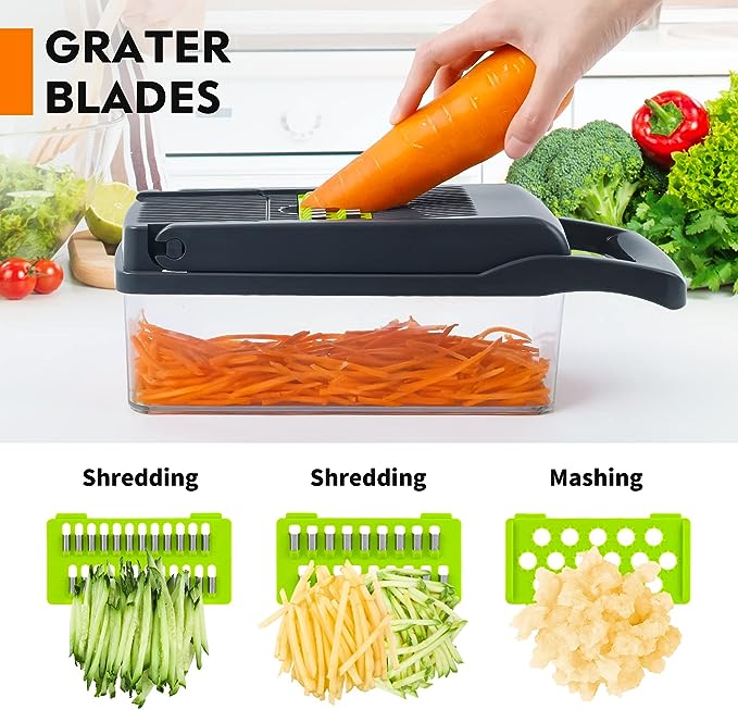 Vegetable grater with carrots being shredded, surrounded by various vegetables on a white kitchen background.