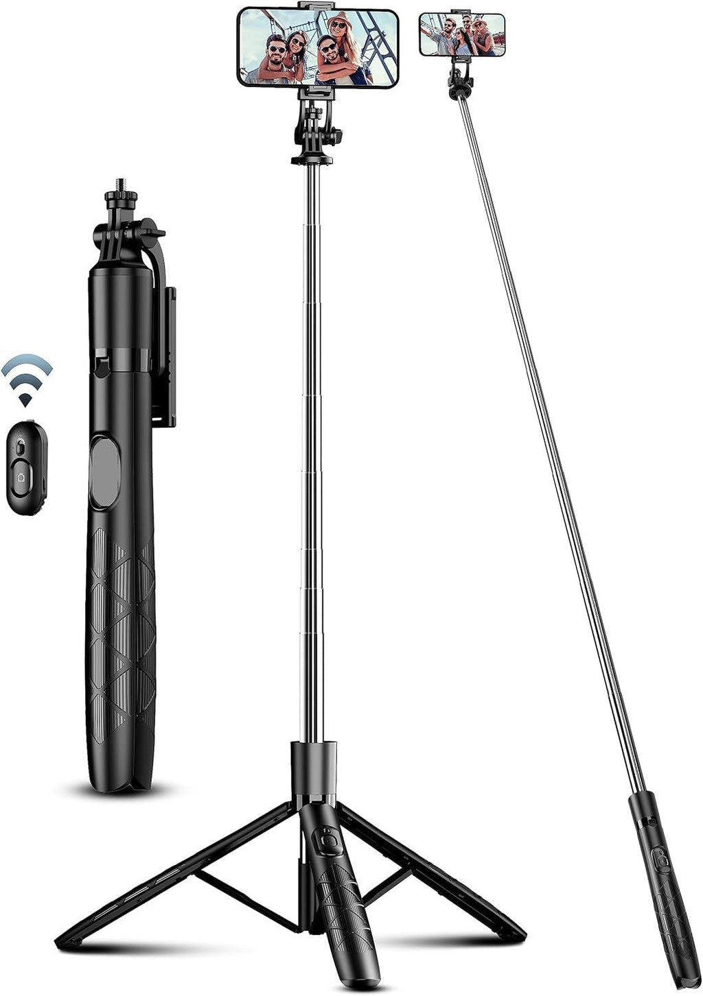 Black selfie stick with remote control on a white background