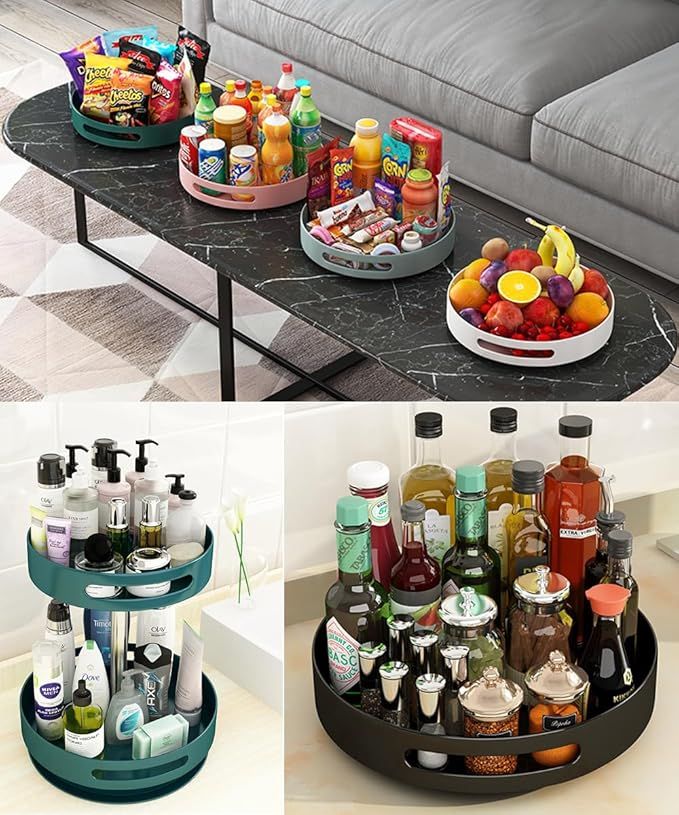 Collection of round trays with snacks, drinks, fruits, and various products on a marble surface.