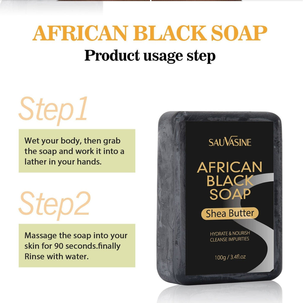 Sauvasine African Black Soap with usage instructions on a white background