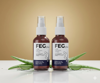 Two bottles of FEG product with a blurred background FEG Hair Spray