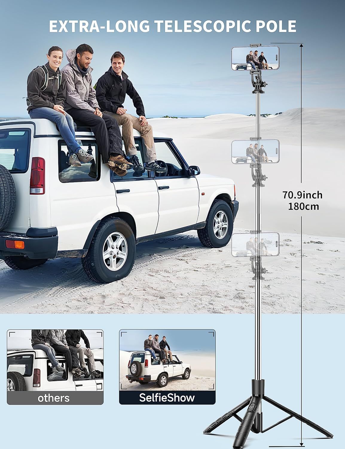 Telescopic pole with a measurement label, shown in use with a vehicle and people.