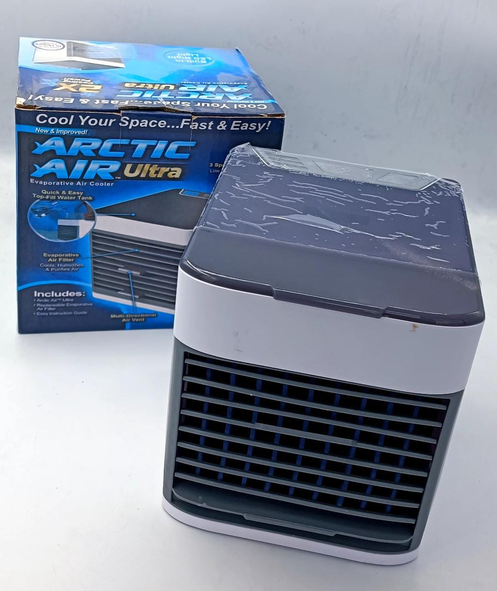 Portable air cooler fan with Arctic Air Ultra packaging on a white background