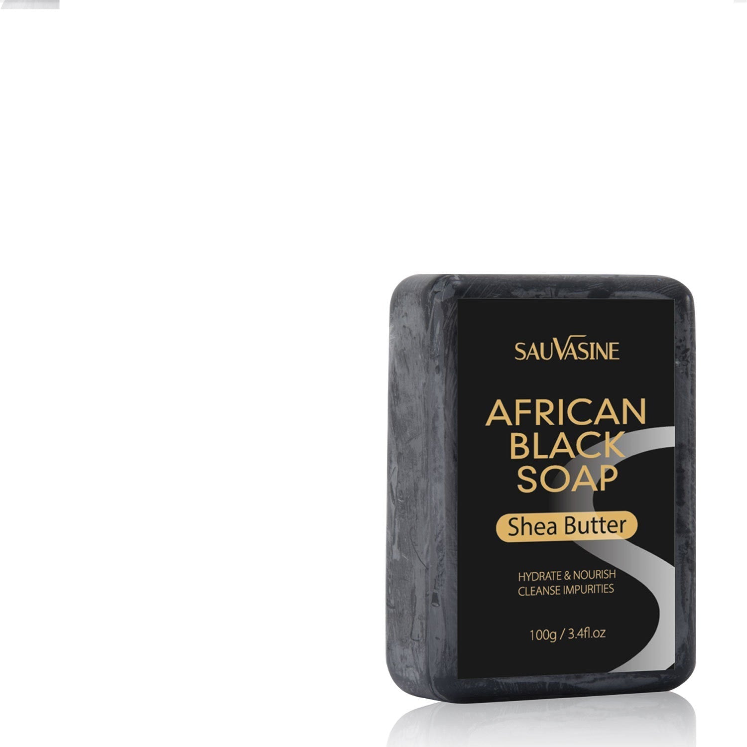 Bar of African Black Soap with 'Sauvasine' branding on a white background