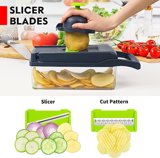 Vegetable slicer with sliced vegetables on a kitchen counter