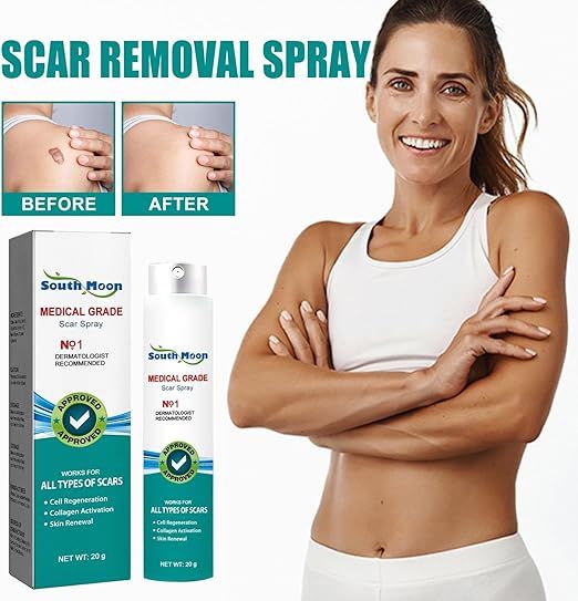 Scar removal spray for health with a woman showing before and after results, South Moon brand visible 