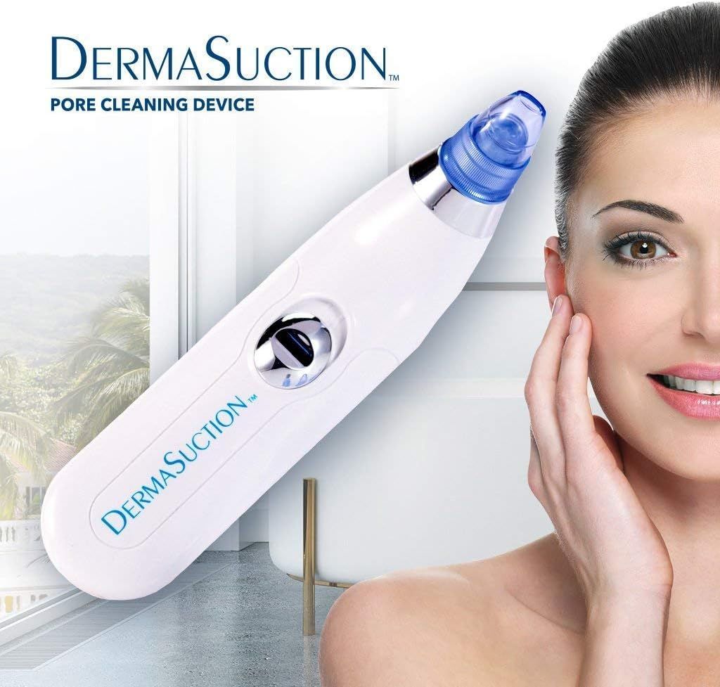 DermaSuction blackhead pore cleaning device with a woman using it on her face.
