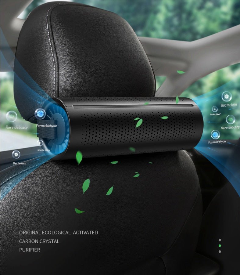 Car headrest with an ecological activated carbon crystal purifier, showing air purification process. Original Ecological Carbon Package Car Air Purifier