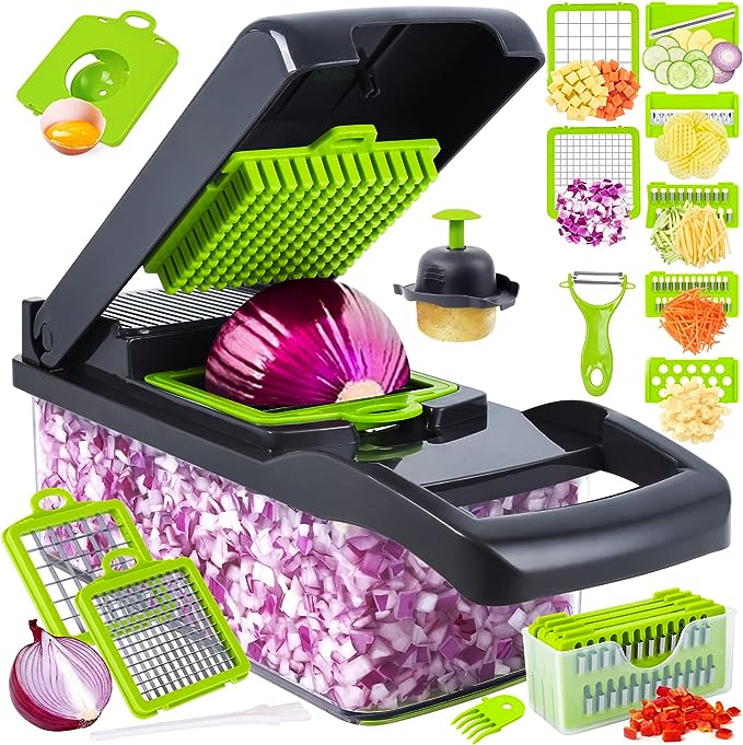 Vegetable chopper with various attachments and chopped vegetables displayed.