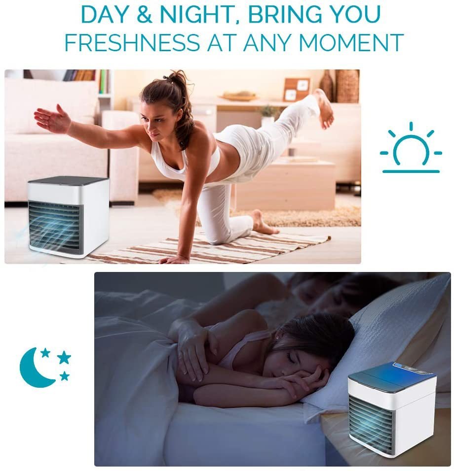 Air cooler fan with text 'Day & Night, Bring You Freshness at Any Moment' used by a woman exercising and another using it in bed.