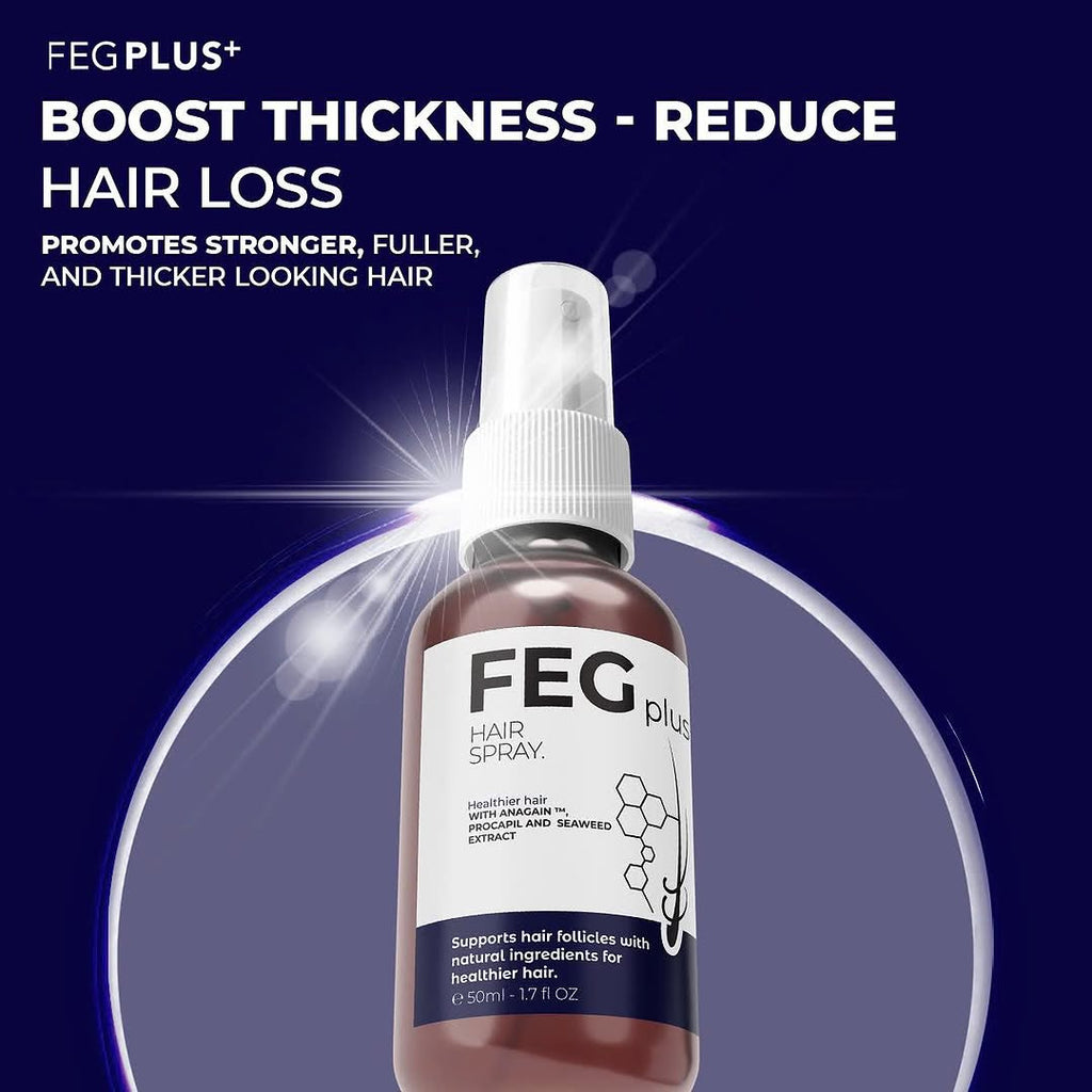 FEG Plus hair spray bottle with promotional text on a dark blue background FEG Hair Spray