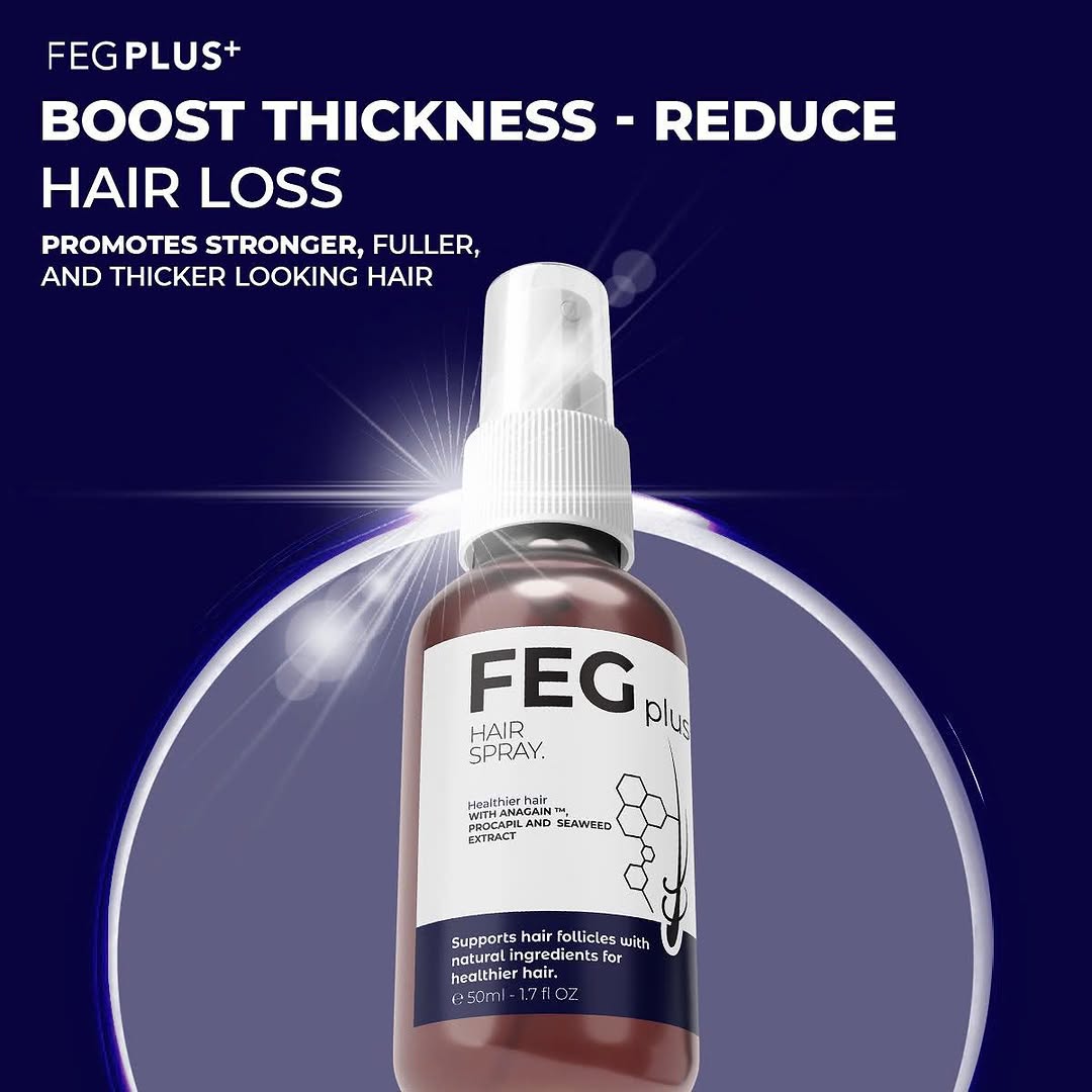 FEG Plus hair spray bottle with promotional text on a dark blue background FEG Hair Spray