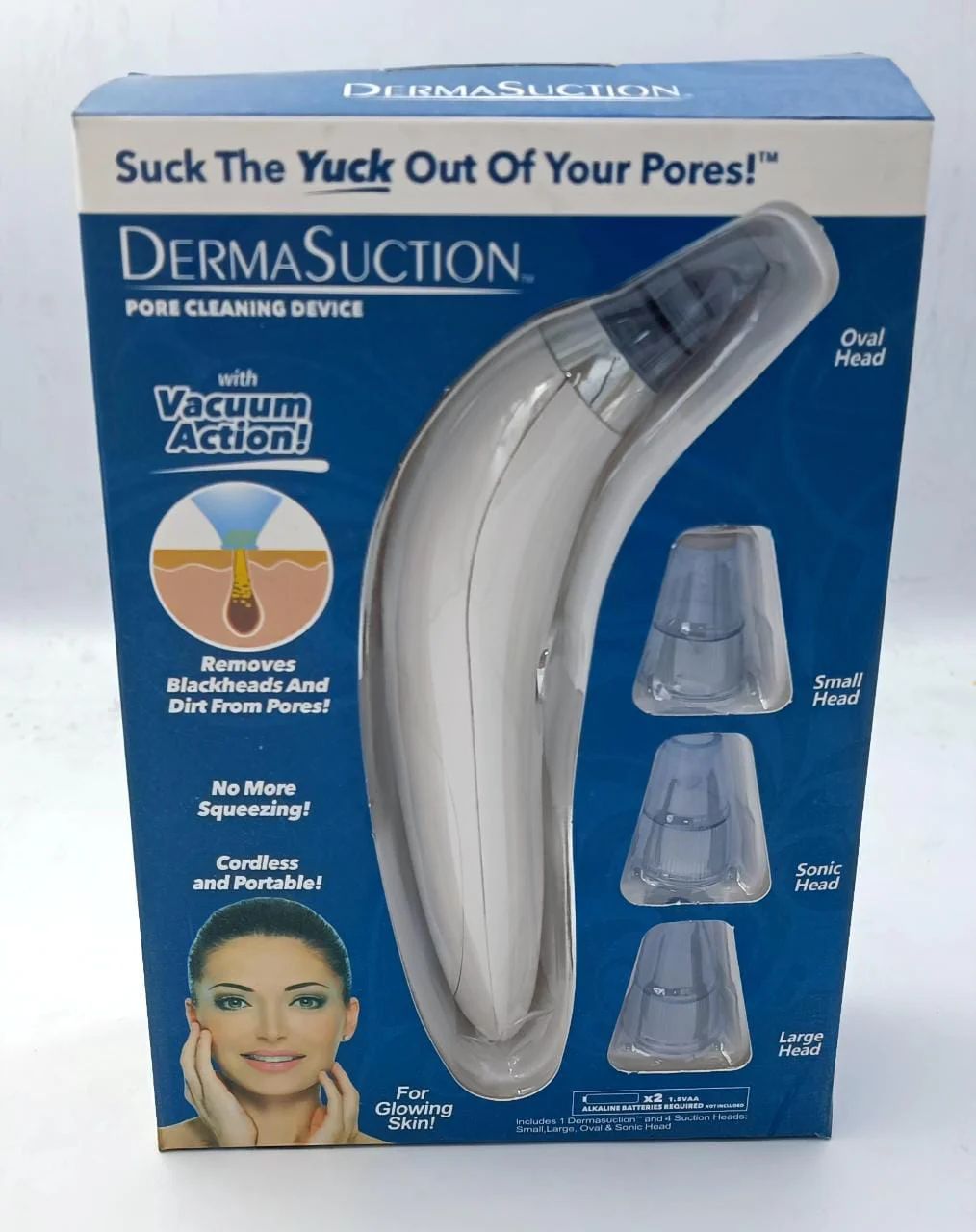Box of DermaSuction blackhead pore cleaning device with blue and white design.