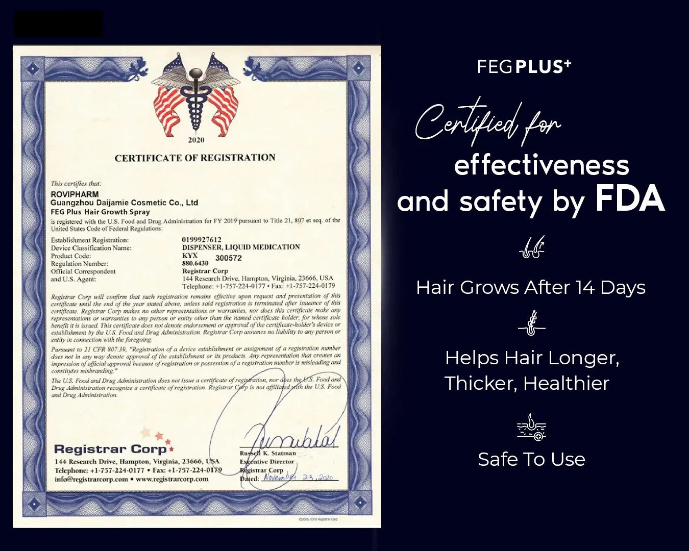 Certificate of Registration for FEG Plus hair growth product with FDA certification on a dark background. FEG Hair Spray