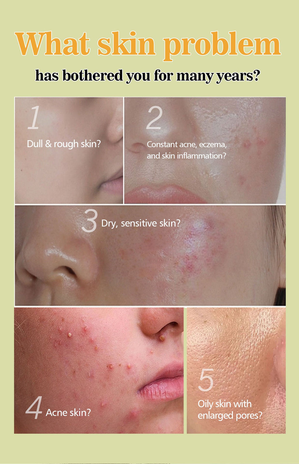 Survey of skin problems with images and text on a light green background