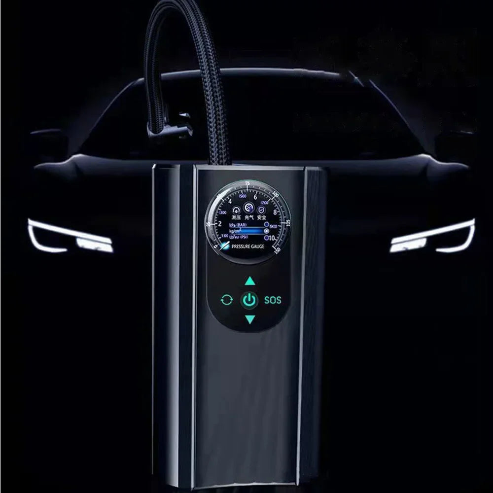 Portable air compressor with digital display in front of a car silhouette Air Pump Flow