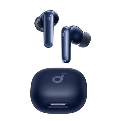 Blue wireless earbuds with charging case on a white background soundcore r50i true wireless earbuds