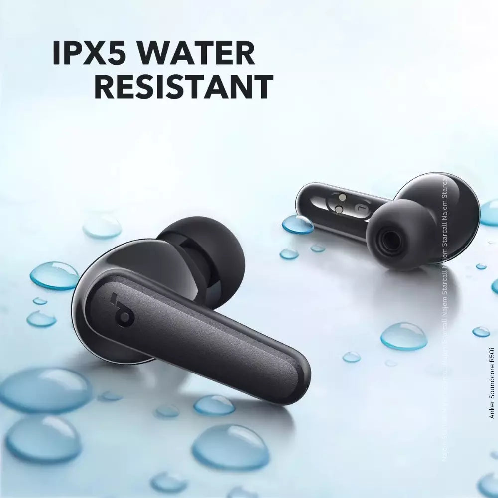 Black wireless earbuds with water droplets on a light blue background, featuring 'IPX5 Water Resistant' text. soundcore r50i true wireless earbuds