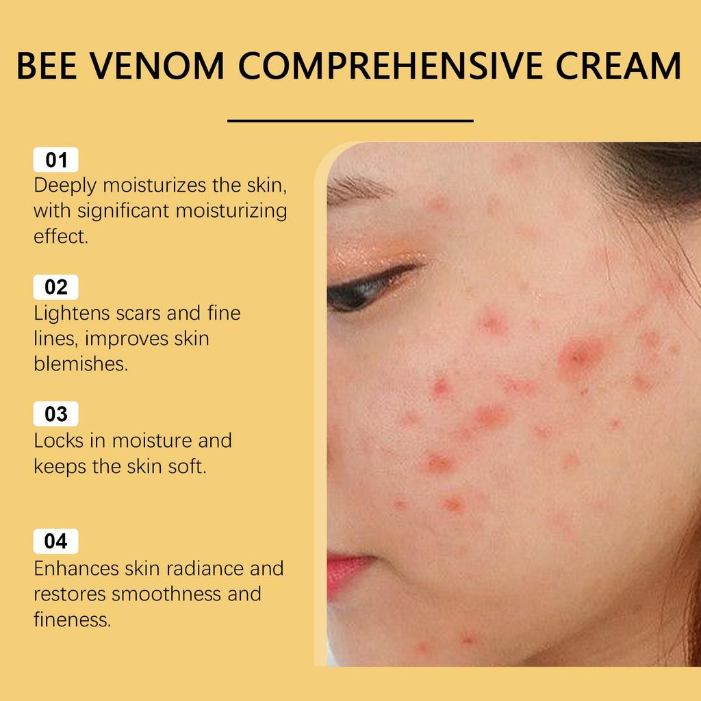 Advertisement for bee venom comprehensive cream with a close-up of skin with blemishes on a yellow background. HOUKEA - Bee Venom Skin Care Cream