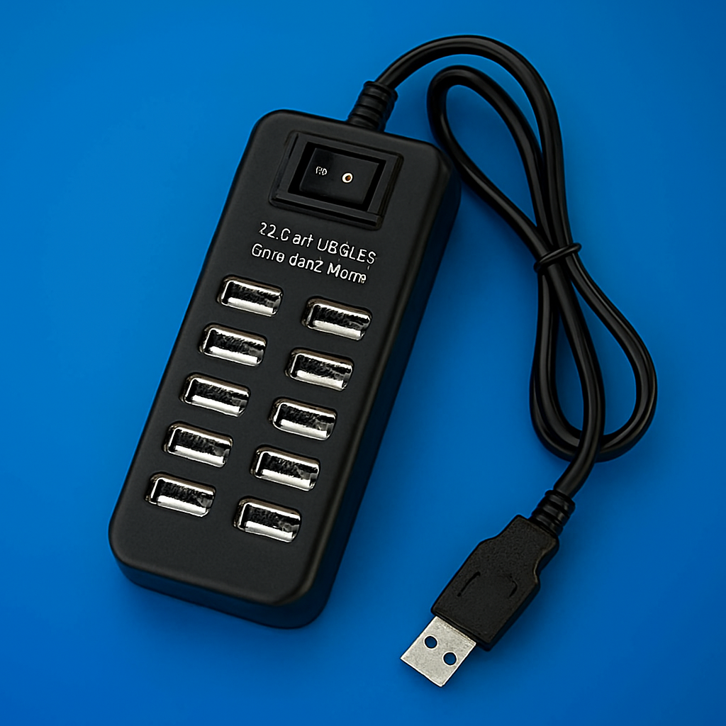 Black 10 USB port hub with multiple ports on a blue background